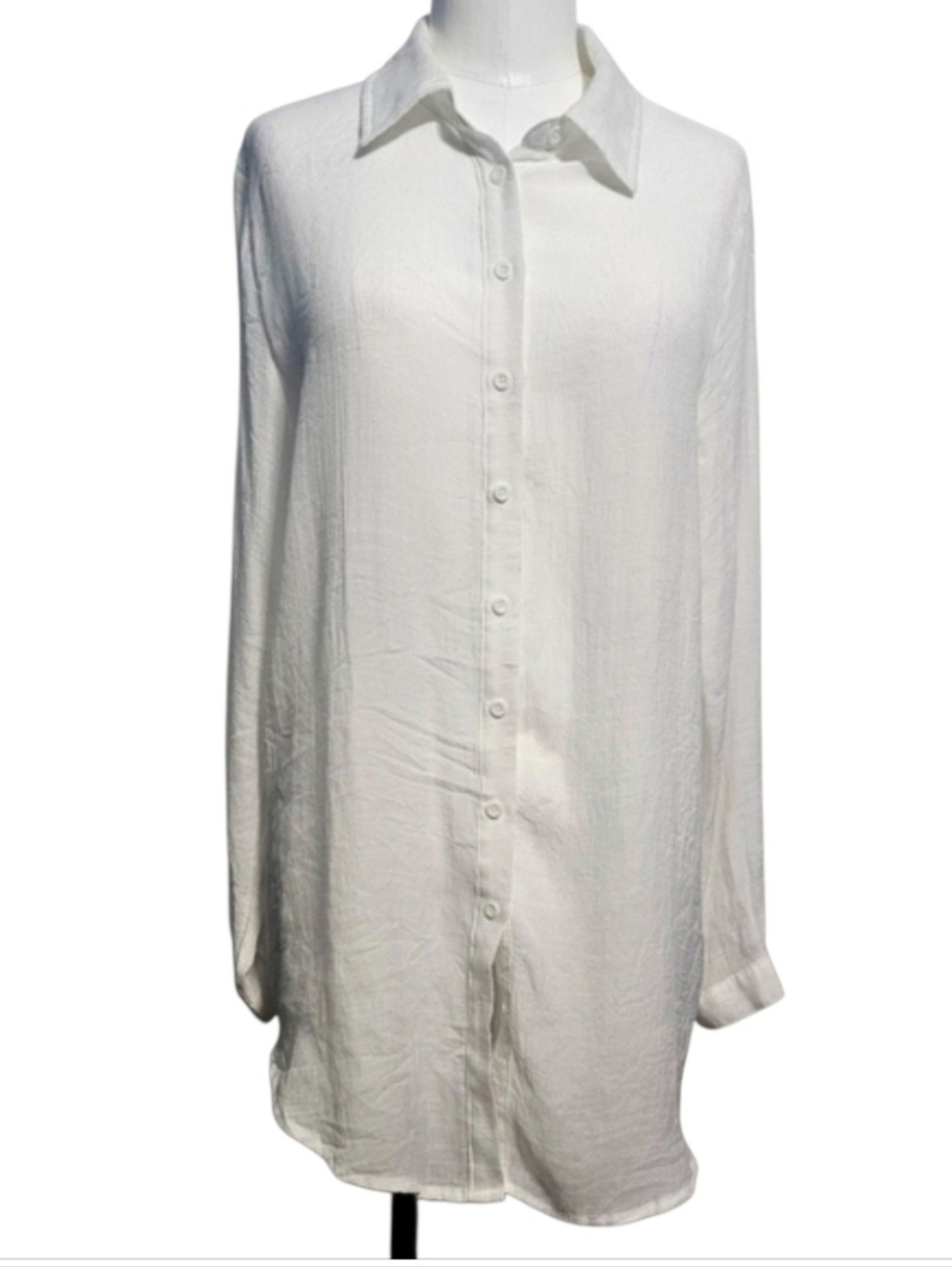 PrettyLittleThing White Gauze Button Down Long Sleeve Minimalist Shirt Beach Sz6